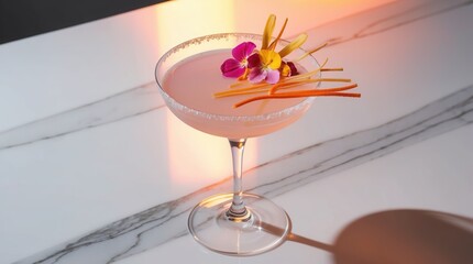 Elegant Pink Cocktail Garnished with Flowers and Citrus