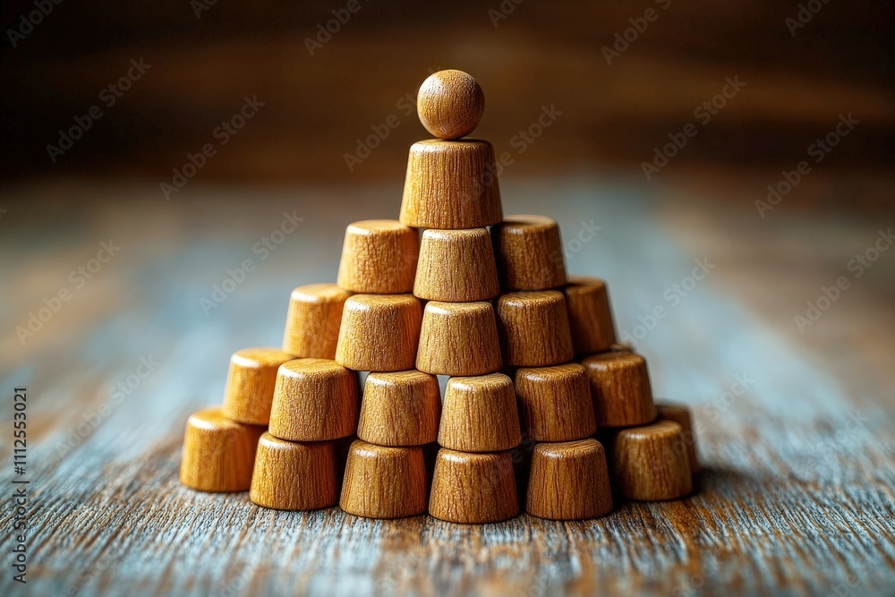 Poster wooden game pieces arranged in a pyramid structure with a single piece on top surrounded by smaller 