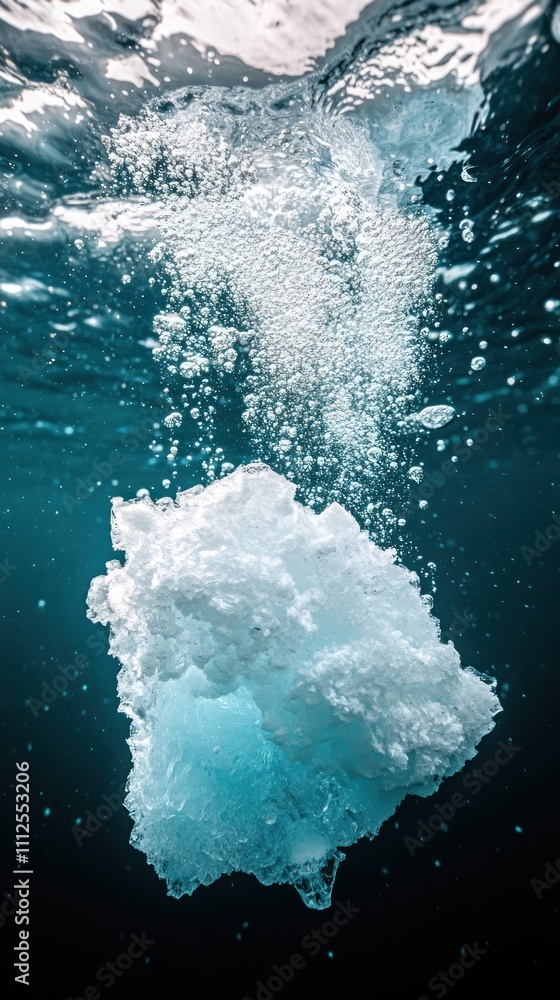 Poster bubbles trapped in ice create mesmerizing patterns beneath the water surface in an underwater scene