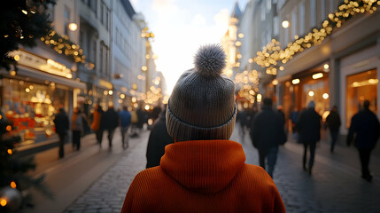 Obraz premium Person in an orange sweater walking a busy city street at sunset in winter.