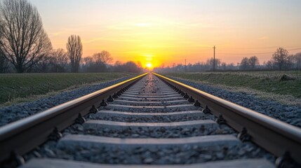 Fototapeta premium Tranquil Sunset Over Railway Tracks Surrounded by Nature with Reflections of Light and Warm Tones Enhancing the Scenic Landscape in a Serene Setting