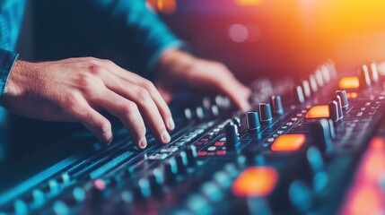 A close-up of hands adjusting a professional audio mixing console in a vibrant studio setting, capturing the essence of sound production.
