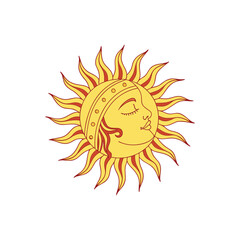 A stylized sun clipart with a smiling face and bold rays, placed on a light,