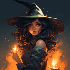 Young woman in black witch hat surrounded by autumn leaves and floating lanterns. Digital art with warm tones and magical elements. Halloween celebration and fantasy concept for design and print.