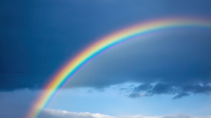 Beautiful Rainbow Arching Across a Dramatic Sky with Dark Clouds and Soft Blue Background, Perfect for Nature and Weather Themes in Photography