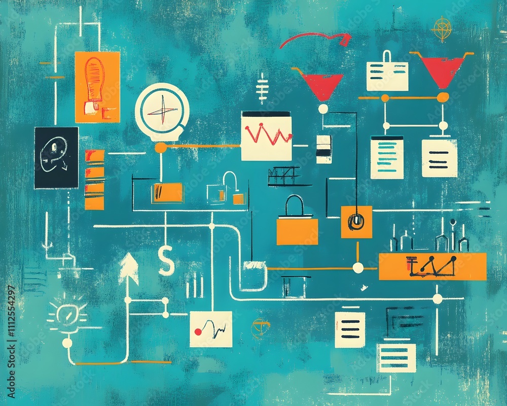 Poster an abstract illustration featuring colorful diagrams and data representations, embodying innovation 
