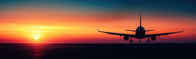 Obraz premium Airplane taking off into the sunset with landing gear down, travel , space for text
