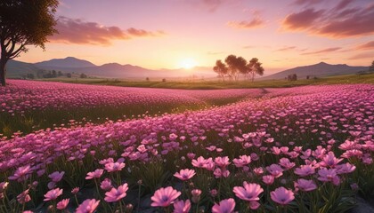 Fototapeta premium Field of pink flowers with sunset in the background , field, pink flowers