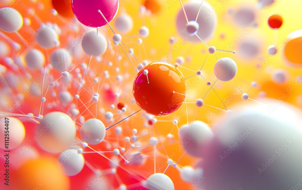 Poster an abstract representation of molecular structures showcasing vibrant colors and intricate connectio