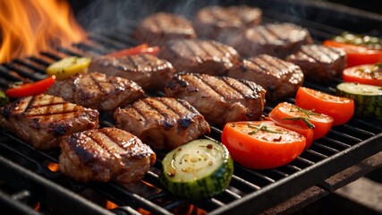 Juicy steaks and fresh vegetables grilling over a fiery barbecue