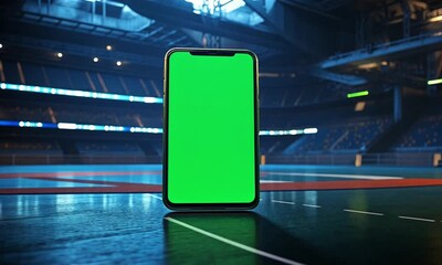 Green Screen Smartphone on a Court Floor in an Empty Stadium