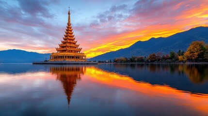 Fototapeta premium A photostock of a magnificent temple with golden architecture reflecting on calm waters, set against a vibrant sunset sky. High Quality