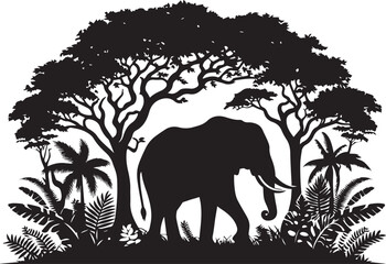 Elephant silhouette in a jungle surrounded by trees and leaves vector