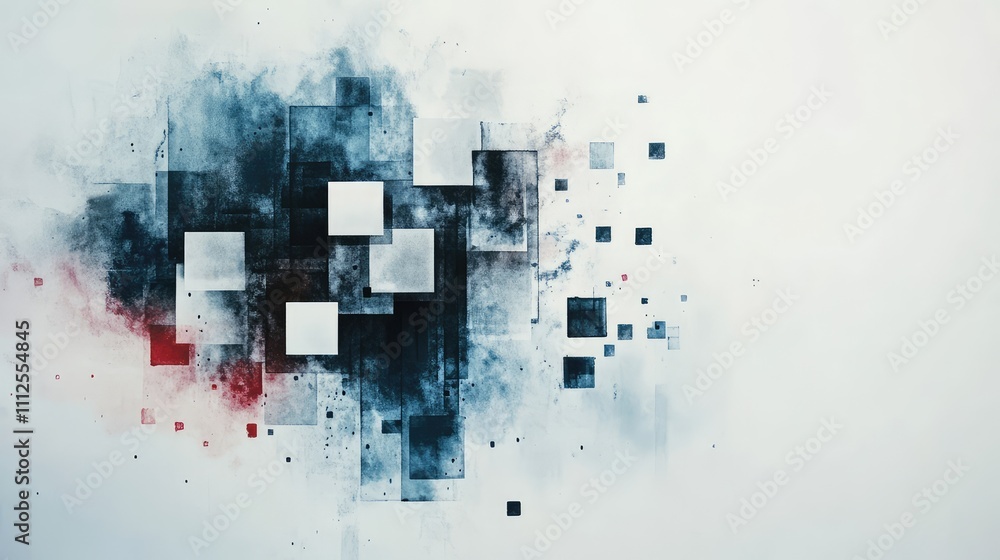 Poster a minimalist watercolor background with pixelated accents, creating a balance between softness and t