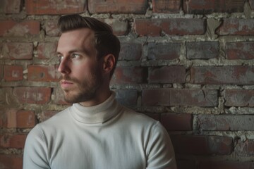 Obraz premium Portrait of a tender caucasian man in his 30s showing off a thermal merino wool top isolated on vintage brick wall