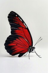 A single red and black butterfly perched on a white surface