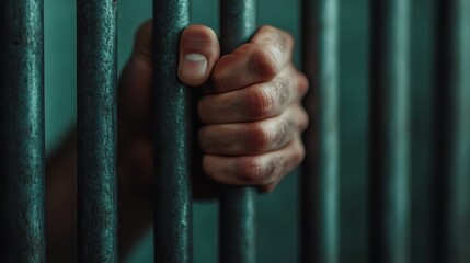 A close-up of a hand gripping prison bars, evoking themes of confinement and struggle in a somber atmosphere.