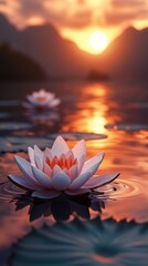 Lotus serenely floating under vibrant sunset sky