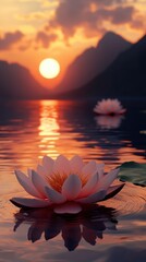 Lotus blossoms reflecting sunset glow on calm waters