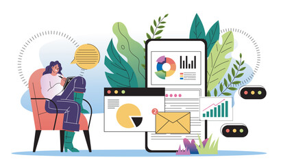 Personnel management concept. Woman with tablet look at graphs and diagrams. Organizing efficient work process and time management. Setting tasks, goals and deadlines. Flat vector illustration
