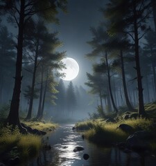 Forest bathed in the soft light of a full moon, landscape, gentle, wilderness