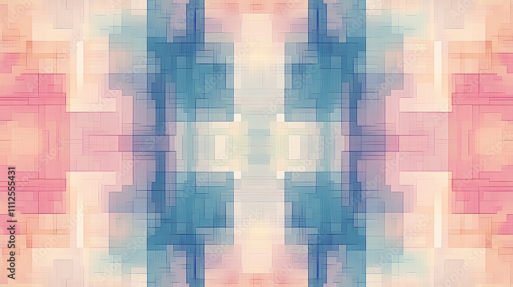 Poster a minimalistic pixel art pattern with a mirrored design in pastel shades, creating an elegant, balan