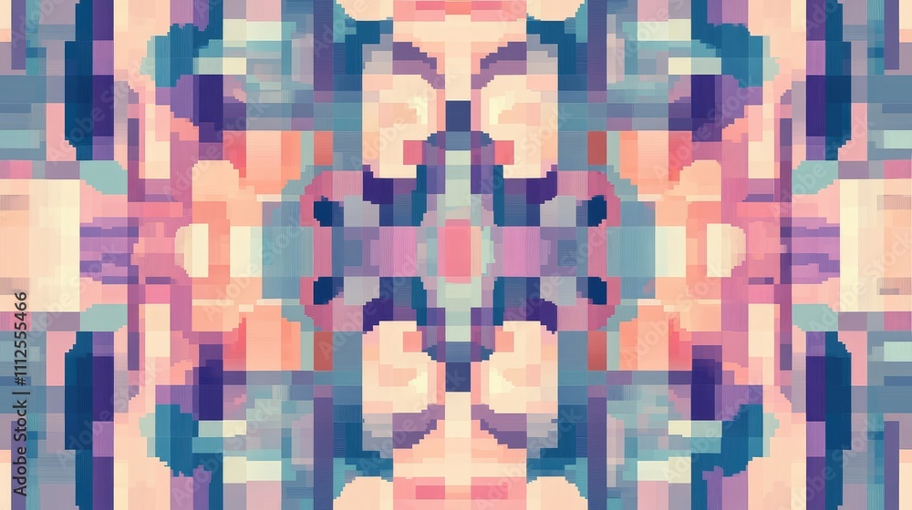 Poster a minimalistic pixel art pattern with a mirrored design in pastel shades, creating an elegant, balan