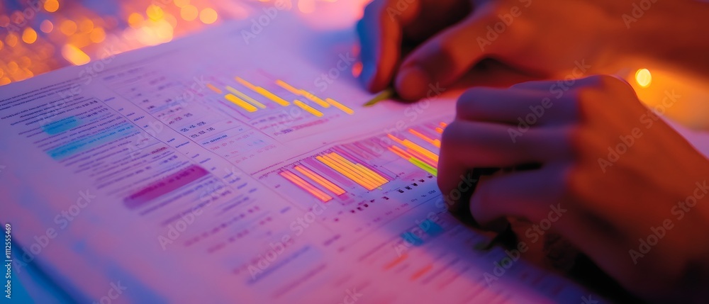 Poster close-up of hands analyzing colorful financial graphs and data. the glowing background adds a modern