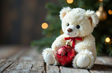 Obraz premium white teddy bear with christmas ball in paws, christmas festive background