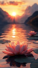 Majestic sunset with lotus flowers on serene lake