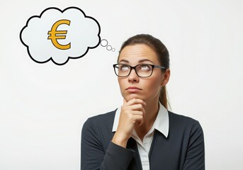 Worried woman looking up thinking with  euro symbol in thought bubble above her head