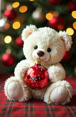 Fototapeta premium white teddy bear with christmas ball in paws, christmas festive background