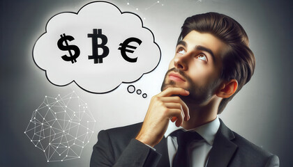 Worried man looking up and thinking with dollar, euro, bitcoin symbol in thought bubble above his head