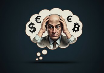 Worried man looking up and thinking with dollar, euro, bitcoin symbol in thought bubble above his head