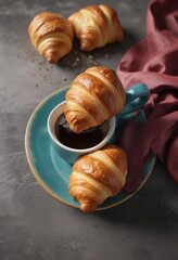 Freshly baked croissant halves surrounding a colorful coffee cup filled with steaming hot coffee , warm coffee , freshly baked croissant, halved pastry
