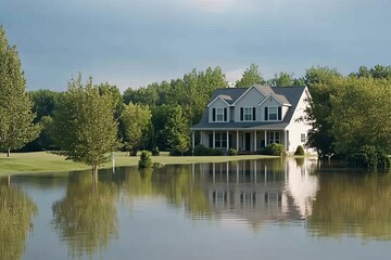Fototapeta premium Submerged House in Floodwaters: A Rural Scene of Disaster