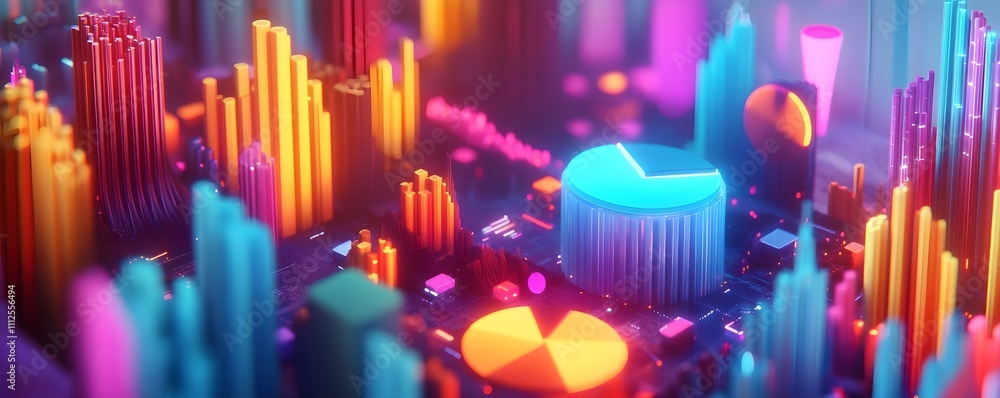 Poster this vibrant digital artwork features colorful 3d graphs and charts representing data analysis and b