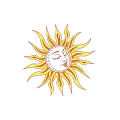 A stylized sun clipart with a smiling face and bold rays, placed on a light,