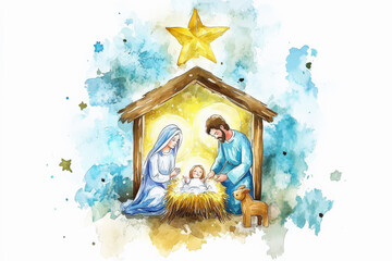 Hermosa acuarela colorida en tonos amarillos, rosa y azules de un nacimiento de Jesus, con Mar&iacute;a , Jos&eacute; y el ni&ntilde;o iluminandolos la estrella de Bel&eacute;.