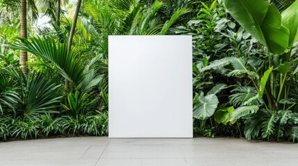 A minimalist white canvas stands against lush green foliage, creating a serene and modern outdoor space.