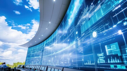 Exposed high-tech data center with digital wall screen