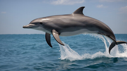 Fototapeta premium A dolphin is leaping out of the ocean water.