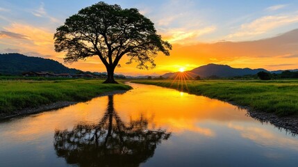 A photostock of a serene village scene with a river, trees, and rural houses under a soft golden sunrise, symbolizing peace and simplicity. High Quality
