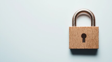 Wooden padlock with metal shackle on a soft blue background, symbolizing security, privacy, and protection in a minimalistic design, ideal for various applications