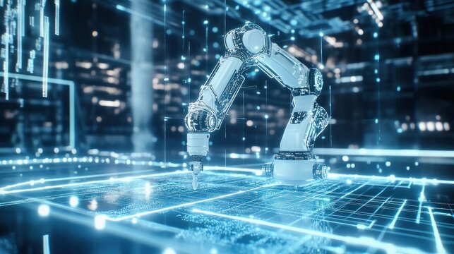 High-tech robotic arm operating on digital blueprint