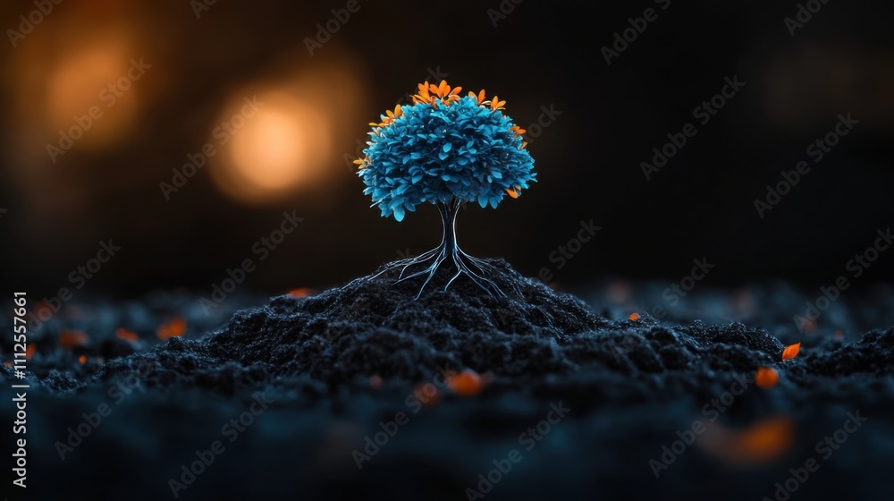 Poster digital art of a restored ecosystem with holographic tree