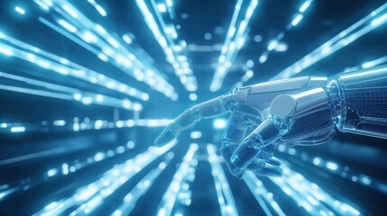 Robotic finger pointing into a streaming light tunnel