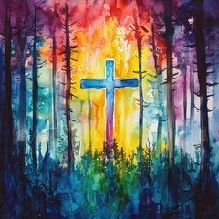 Vivid watercolor painting of a cross glowing in the middle of a vibrant forest with colorful abstract trees