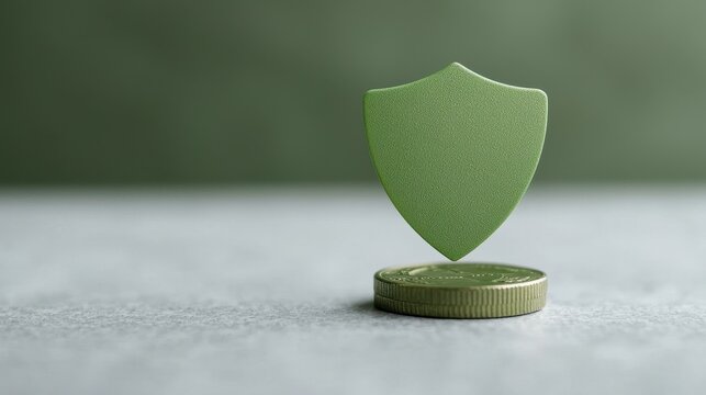 Green shield symbol representing security, protection and trust hovering above a metallic coin with a blurred green background for financial and safety themes