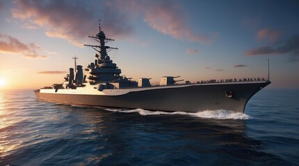 Aircraft Carrier at Sunset on the Ocean
